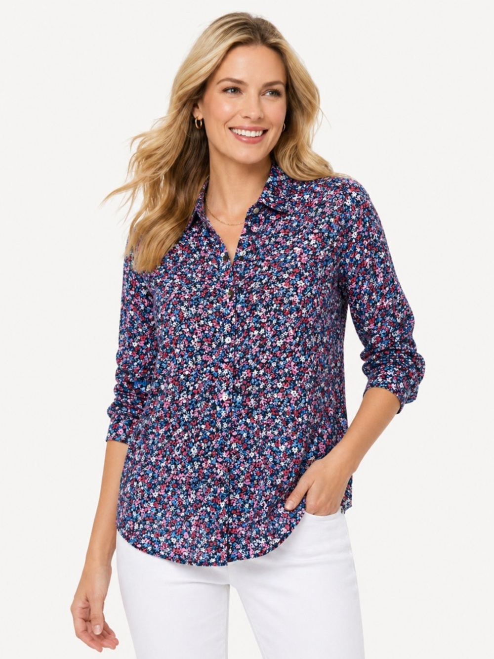 Draper James x Lands’ End 100% Linen Floral Button Front Shirt L 14-16